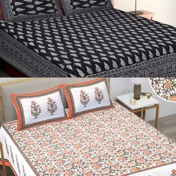Runjhun Black & White Ethnic Motifs 144 TC 2 Queen Bedsheet with 4 Pillow Covers-image-19