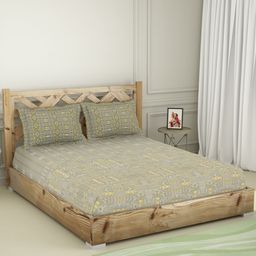 SPACES Grey & Yellow Ethnic Motifs 210 TC King Bedsheet with 2 Pillow Covers-image-18