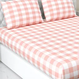 haus & kinder White & Pink Geometric 186 TC Cotton Queen Bedsheet with 2 Pillow Covers-image-68