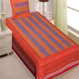 Aura Red & Blue Striped 120 TC Pure Cotton Single Bedsheet With 2 Pillow Covers-image-37