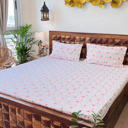 URBAN SPACE Divine White & Pink Floral 144 TC Cotton Queen Bedsheet & 2 Pillow Covers-image-28