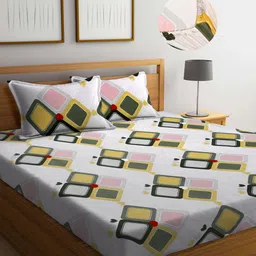 FABINALIV White & Pink Geometric Polycotton 300 TC King Bedsheet With 2 Pillow Covers-95