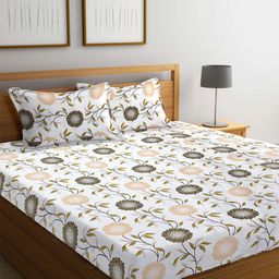 FABINALIV White & Green Floral Printed 300 TC Fitted King Bedsheet & 2 Pillow Covers-image-30