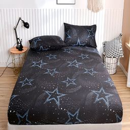 JC HOME Black & Blue Geometric 140 TC Fitted Single Bedsheet with 1 Pillow Covers-image-61