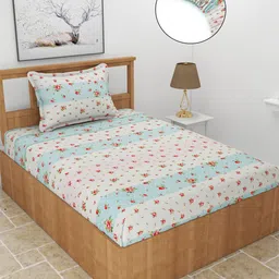 BREVARD Off White & Red Floral 210 TC Fitted Single Bedsheet With 1 Pillow Cover-picture-14