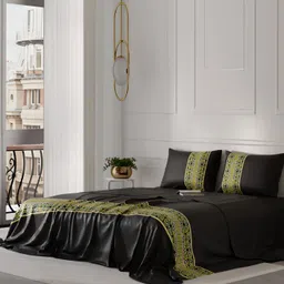 Stoa Paris Black Yellow Ethnic Motifs Printed 300 TC Queen Satin Bedsheet with 2 Pillow Covers-image-90