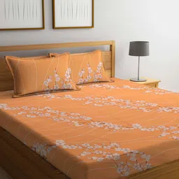 KLOTTHE Orange & White Floral-Printed 130GSM Pure-Cotton Fitted Double King Bedsheet Set-image-32