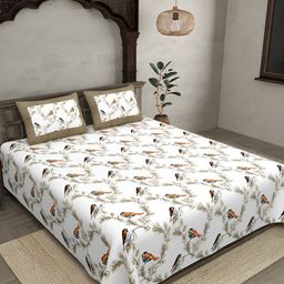 JAIPUR FABRIC White & Green Floral 250 TC Cotton King Bedsheet With 2 Pillow Covers-image-32