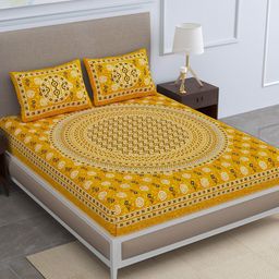 SheetKart Jaipuri Yellow & White Printed Cotton 144 TC Queen Bedsheet with 2 Pillow Covers-16