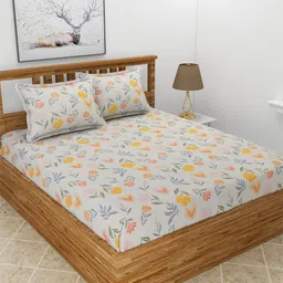 BREVARD Off White & Orange Floral 210 TC Queen Bedsheet with 2 Pillow Covers-picture-12