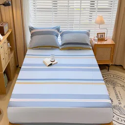 JC HOME Blue & White Striped Cotton Fitted 230 TC King Bedsheet with 2 Pillow Covers-image-73