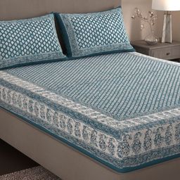 Varde All Seasons Blue & White Printed Cotton 210 TC King Bedsheet with 2 Pillow Covers-image-46