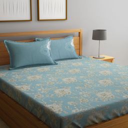 KLOTTHE Blue & White Printed 400TC Pure Cotton Super King Bedsheet With 2 Pillow Covers-image-69