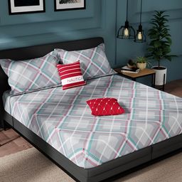 Nautica Grey & White Geometric Pure Cotton 150 TC King Bedsheet With 2 Pillow Covers-image-69