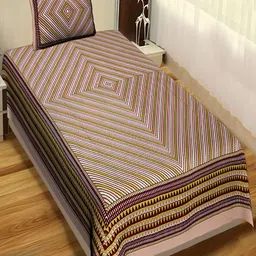 Aura Brown & Green Geometric 120 TC Single Bedsheet with 2 Pillow Covers-image-88