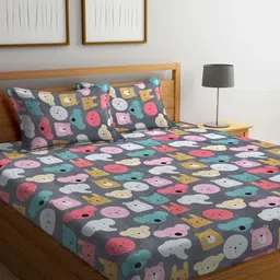 FABINALIV Grey & Pink Printed 300 TC Fitted King Bedsheet & 2 Pillow Covers-62