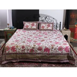 Exotic India White & Pink Floral Cotton 300 TC Queen Bedsheet with 2 Pillow Covers-image-41