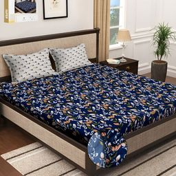 KLOTTHE Blue & White Floral Printed 300TC Fitted Super King Bedsheet With 2 Pillow Covers-image-59