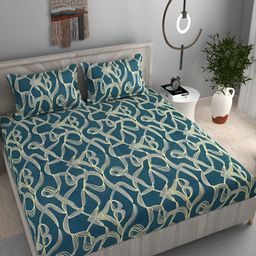 FINE TEX WORLD Teal & Cream 180 TC Microfiber Queen Bedsheet With 2 Pillow Covers-image-75