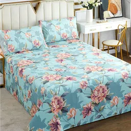 JC HOME Blue & Brown Floral Printed 186 TC Cotton Queen Bedsheet & 2 Pillow Covers-picture-43