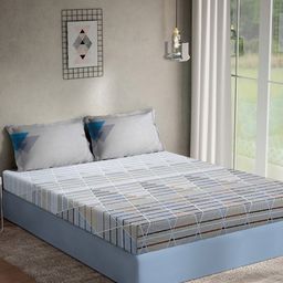 KLOTTHE White & Blue Printed 400 TC Cotton Fitted Super King Bedsheet & 2 Pillow Covers-image-42