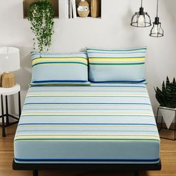 BIANCA Platinum Blue & Yellow Striped Cotton 144 TC Queen Bedsheet With 2 Pillow Covers-image-41