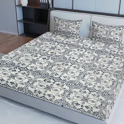 Sangria Blue & White Ethnic Motif-Printed 200 TC Pure-Cotton King Bedsheet Set-picture-24