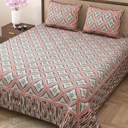 Rajasthanikart Pink & Grey Geometric Pure Cotton 144 TC King Bedsheet with 2 Pillow Covers-image-3