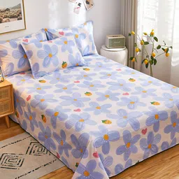 JC HOME Pink  Blue Floral 186 TC Pure Cotton Single Bedsheet with 1 Pillow Covers-picture-21