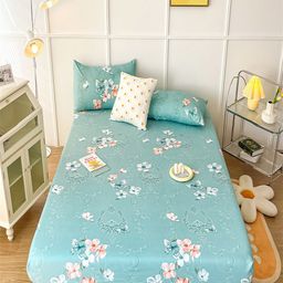 JC HOME Blue & Peach-Coloured Floral 150 TC Fitted King Bedsheet with 2 Pillow Cover-image-47
