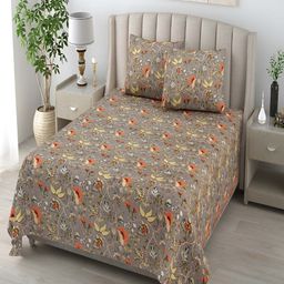 tundwal's Khaki & Orange Floral Cotton 210 TC King Bedsheet with 2 Pillow Covers-image-64