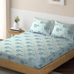 HOKIPO Blue & Grey Floral 140 TC Queen Bedsheet with 1 Pillow Covers-image-37