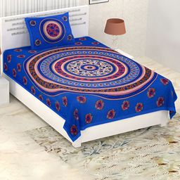 POORAK Blue & Cream Floral Cotton 104 TC Single Bedsheet With 1 Pillow Cover-image-111