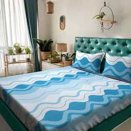 KLOTTHE Blue & White Abstract Printed 300TC Fitted Double Bedsheet with 2 Pillow Covers-22