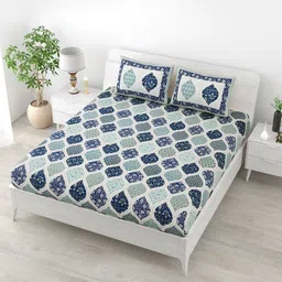 Aapno Rajasthan Grey Ethnic Motifs 120 TC Cotton Queen Bedsheet With 2 Pillow Covers-image-36