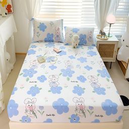 JC HOME White & Blue Floral Cotton Fitted 230 TC Single Bedsheet With 1 Pillow Cover-image-81