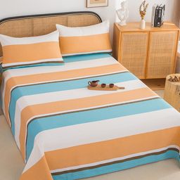 JC HOME Orange & Blue Striped 220 TC Pure Cotton King Bedsheet With 2 Pillow Covers-image-71