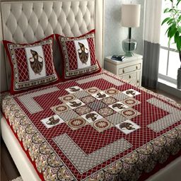 Runjhun Red & Beige Ethnic Motifs Printed 144 TC Cotton Queen Bedsheet Set-16