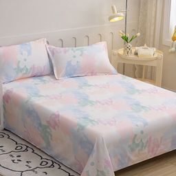 JC HOME Pink & Blue Floral Printed 140 TC Single Bedsheet & Pillow Cover-image-34