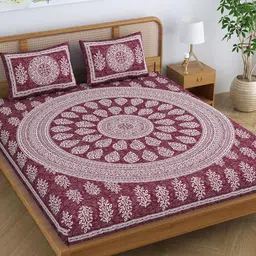 SheetKart Jaipuri Red & White Printed Cotton 144 TC Queen Bedsheet with 2 Pillow Covers-picture-3