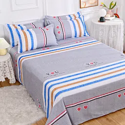 JC HOME Grey & Blue Striped 140 TC King Bedsheet & 2 Pillow Covers-image-69