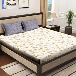KLOTTHE White & Yellow Floral Printed 300 TC King Bedsheet with 2 Pillow Covers-image-65
