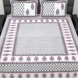 BELLA CASA Ethnic Teal & White Ethnic Motifs Cotton 180 TC King Bedsheet &2 Pillow Covers-image-105