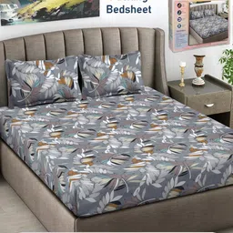 FABINALIV Grey & White Floral Printed 300 TC King Bedsheet With 2 Pillow Covers-image-73