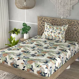 EverHOME Off White & Green Floral 160 TC Cotton Single Bedsheet With 1 Pillow Cover-image-17