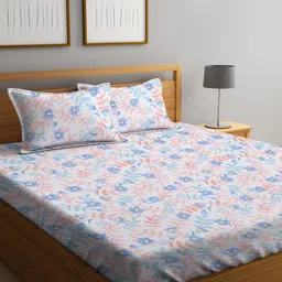 KLOTTHE White & Blue Floral Printed 300 TC King Bedsheet with 2 Pillow Covers-image-17