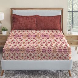 MYTRIDENT Beige  Pink Geometric 144 TC Queen Bedsheet with 2 Pillow Covers-29