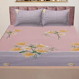 INDHOME LIFE Peach-Coloured Floral 210 TC Cotton Fitted Queen Bedsheet & 2 Pillow Covers-image-96