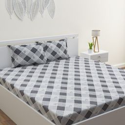 HERE&NOW White & Grey Geometric Cotton 120 TC Queen Bedsheet With 2 Pillow Covers-50