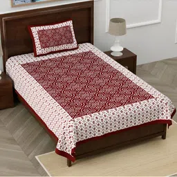 POORAK Maroon & White Floral Cooton 104 TC Single Bedsheet with 1 Pillow Covers-image-11